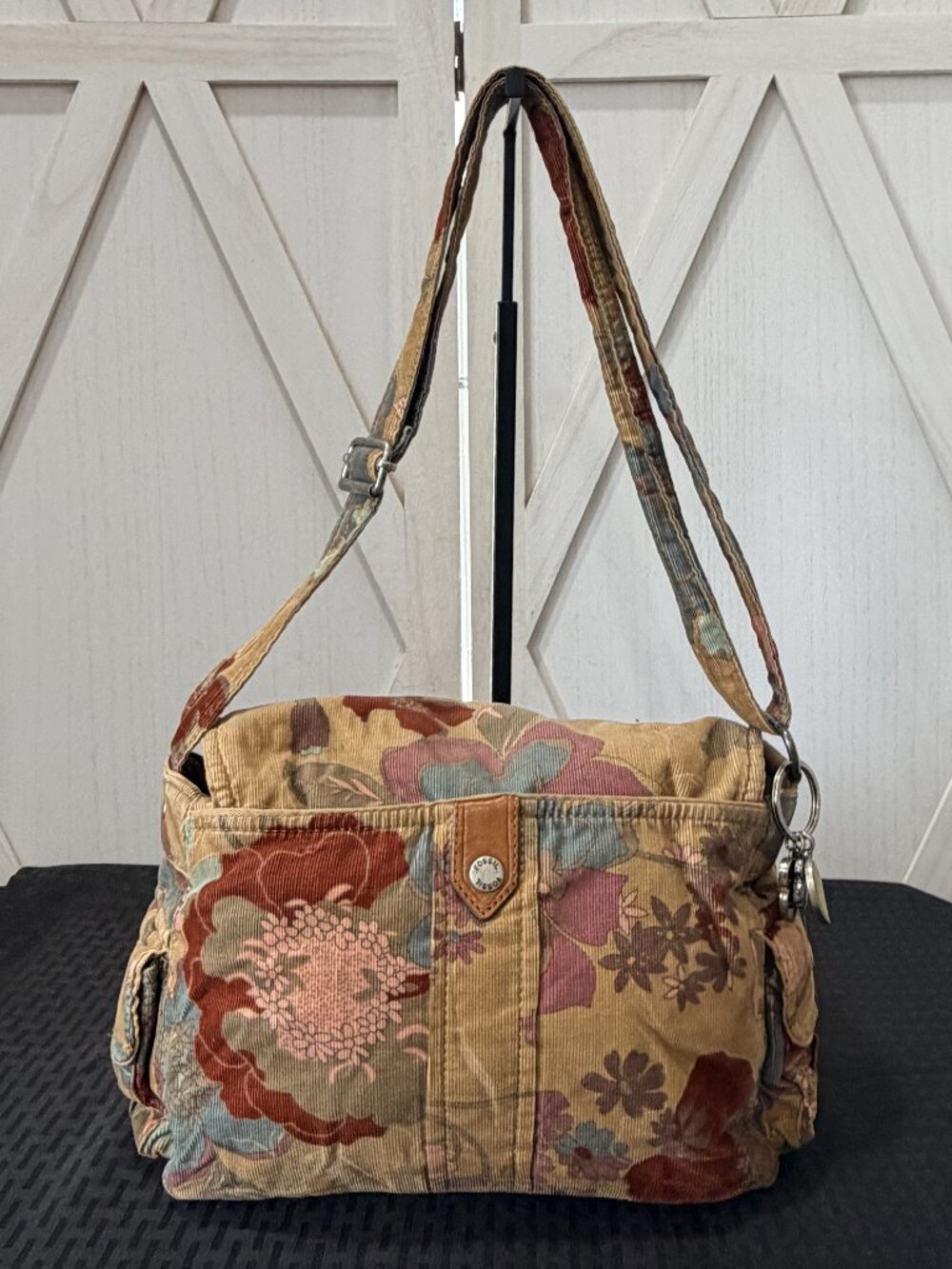 Fossil Floral Corduroy Messenger Crossbody Bag Boho Y2K Charm Purse - Picture 2 of 13